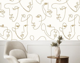 Minimalist Face Line Art Mural Wallpaper, Gold, Peel and Stick Wall Mural