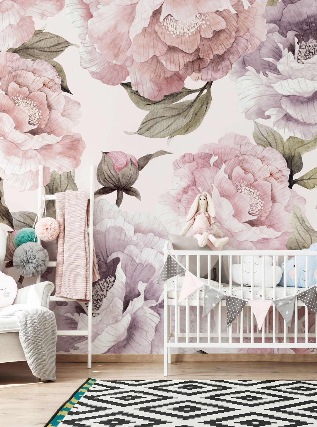 Pink & Purple Floral Mural Wallpaper: Watercolor Bloom Wall Art - Etsy