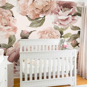 Bloom Flower Mural Wallpaper, Green, Watercolor Floral Wall Art, Wall Mural Wallpaper