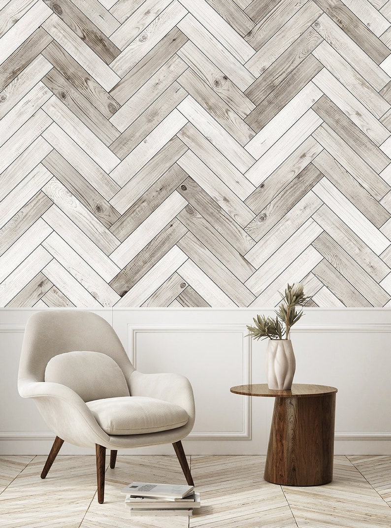 Herringbone Whitewashed Barn Wood Planks Mural Wallpaper, Accent, Wall