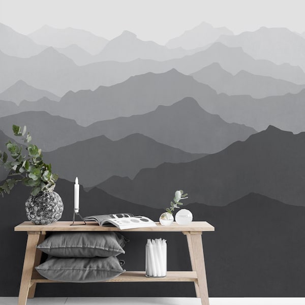 Mountain Mural Wallpaper, Black and White Grey Ombre Mountain Extra Large Wall Art, Peel and Stick Wall Mural