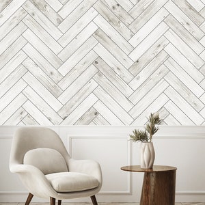 Herringbone Whitewashed Barn Wood Planks Mural Wallpaper, White, Wall Art, Wall Mural Wallpaper