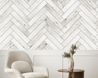 Mural de papel pintado con tablones de madera de granero encalados en espiga