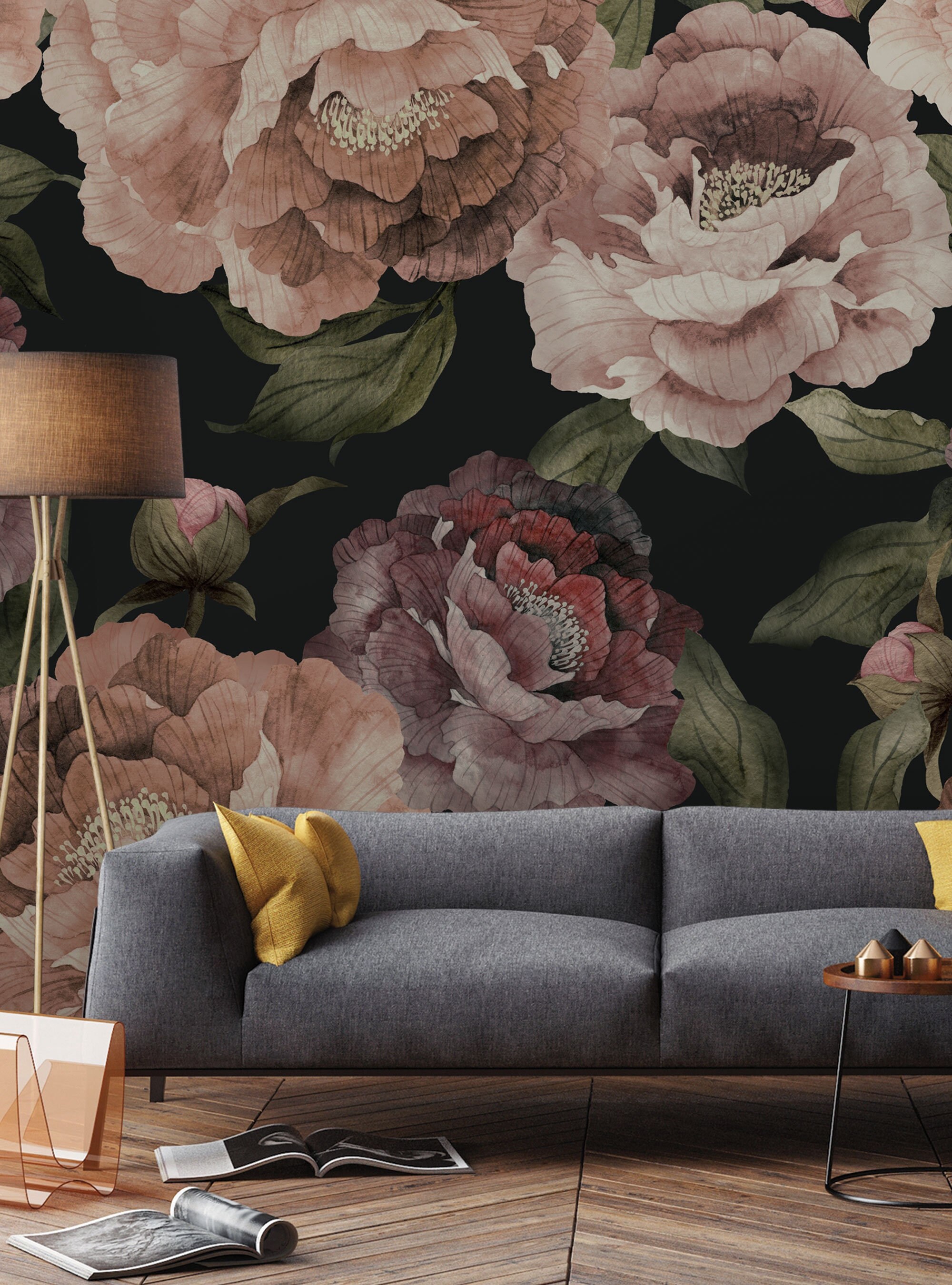 Dark Bloom Flower Mural Wallpaper: Watercolor Floral Wall Art - Etsy