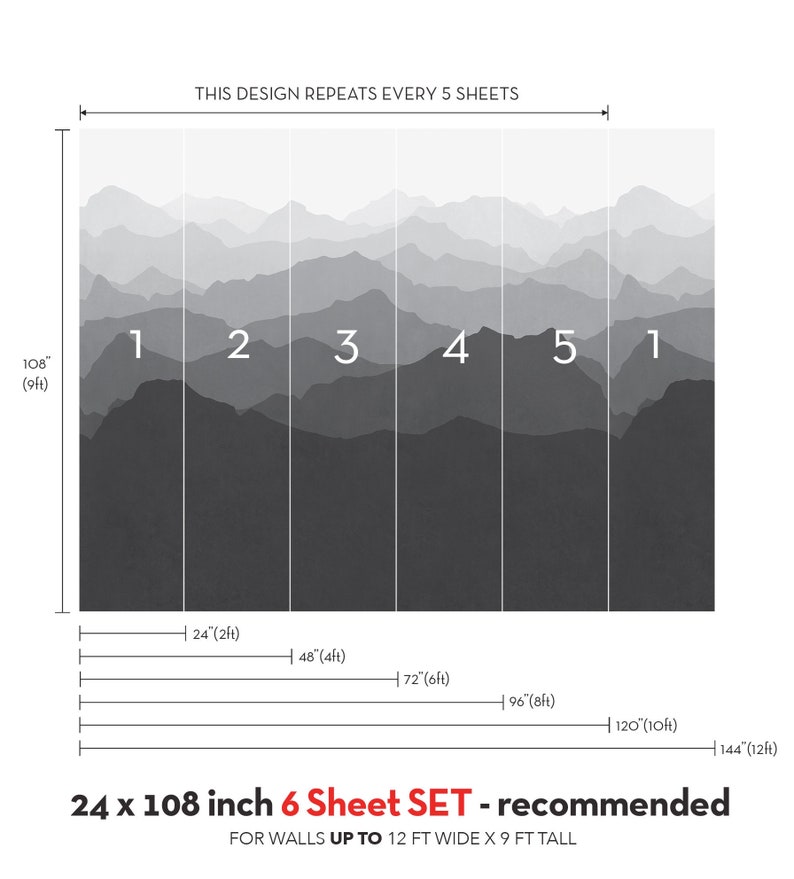 Mountain Mural Wallpaper, Black and White Grey Ombre Mountain Extra