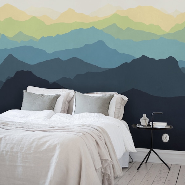 Mountain Mural Wallpaper, Navy Yellow, Ombre Mountain Extra Large Wall Art, Peel and Stick Wall Mural