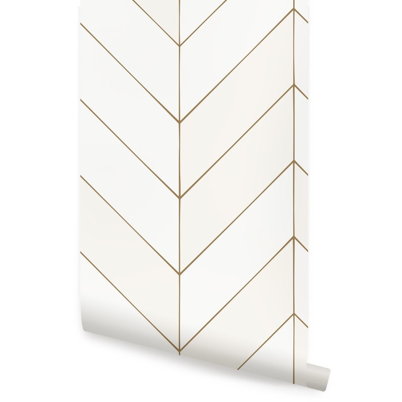 Gold Lines Chevron Wallpaper, Offwhite, Self Adhesive Repositionable