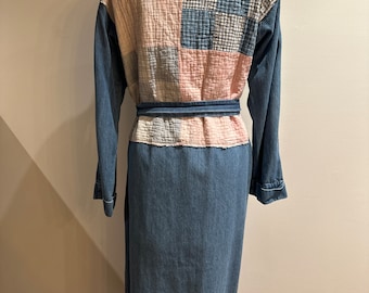 Denim duster robe vintage L.L.Bean wrap upcycled quilt square