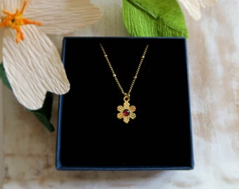 Buttercup and garnet flower necklace