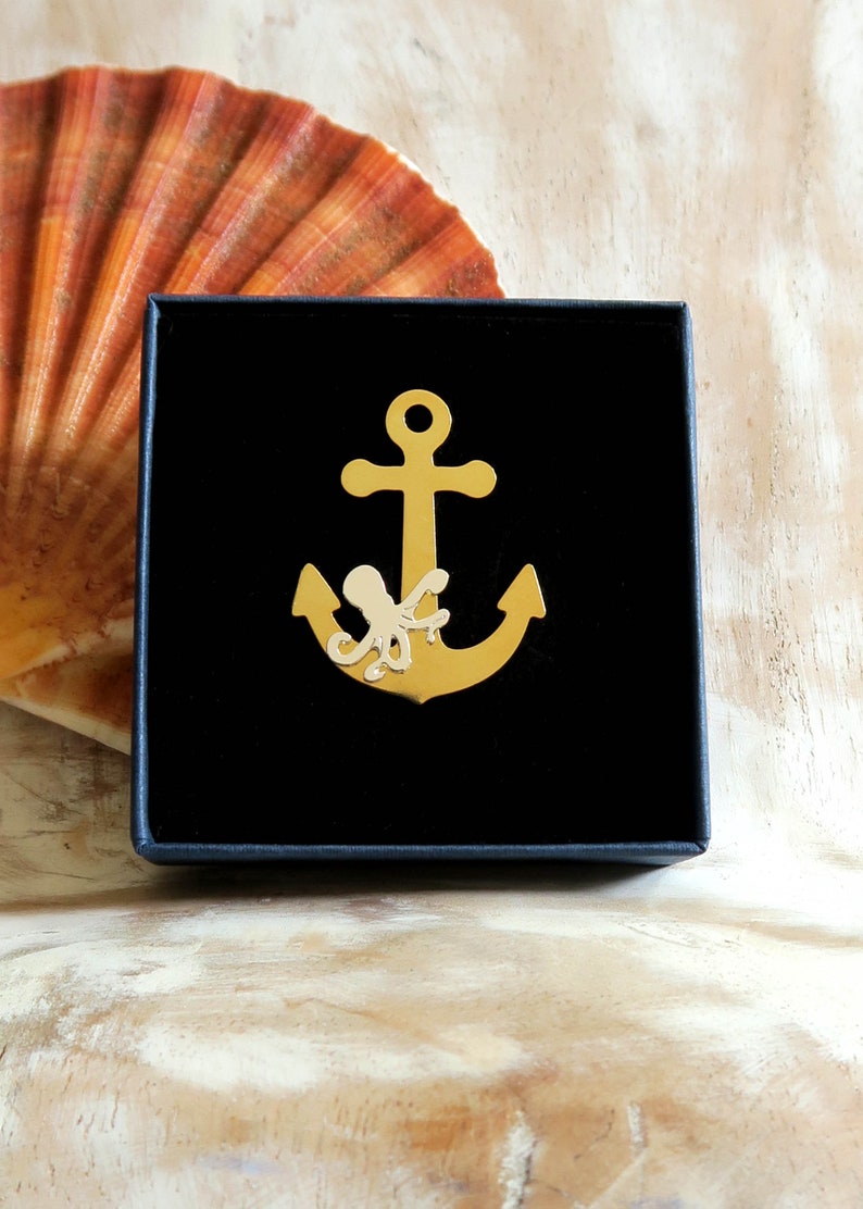 Marine anchor brooch and golden and silver octopus sea ocean jewelry image 1