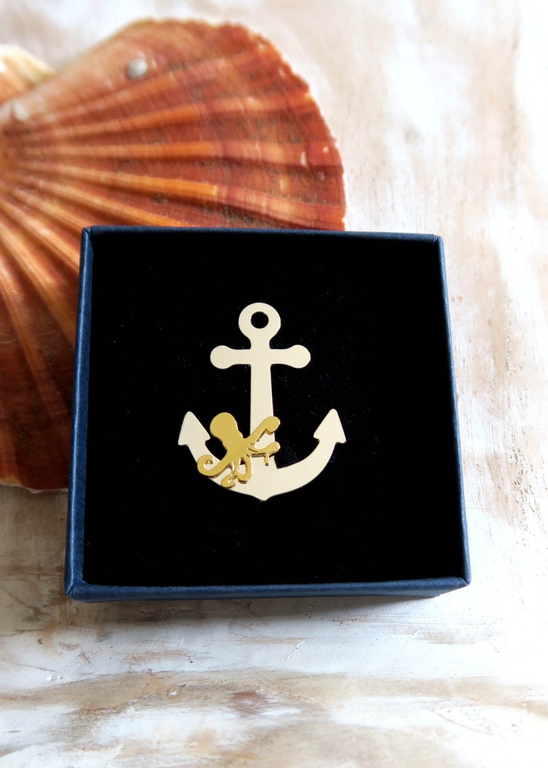 Marine anchor brooch and golden and silver octopus sea ocean jewelry image 3