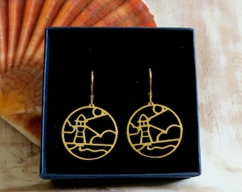 Gold or silver seaside lighthouse earrings, sea ocean vacation jewelry