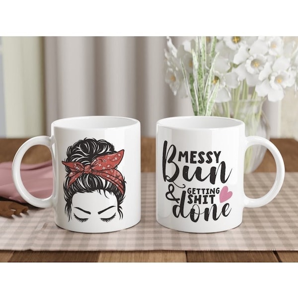 Tasse Messy Bun - Frau mit Dutt und roter Schleife - Momlife