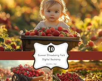 Summer Strawberry Field Digital Backdrop for Baby Photography, Farm Backgrounds Wheelbarrow & Berries for Country Photo Studio Props Editing