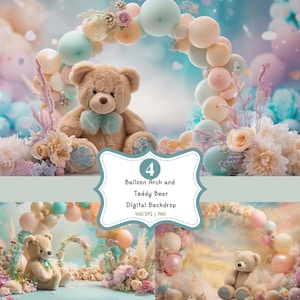 Balloon Arch and Teddy Bear Digital Backdrop Set, Pastel Birthday & Cake Smash Photoshop Photography Background, Children&#39;s Photo Prop PNG