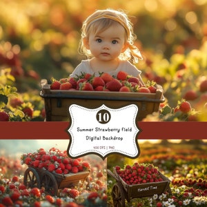 Op de afbeelding: Een digitale achtergrond met een kind dat in een kar vol rode aardbeien zit op een veld met aardbeiplanten. De kar zit vol met aardbeien en het kind lacht. De tekst "Summer Strawberry field Digital Backdrop" staat op een bruin label met een witte rand. De tekst "400 DPI | PNG" staat onder het label. De afbeelding is een digitale download.