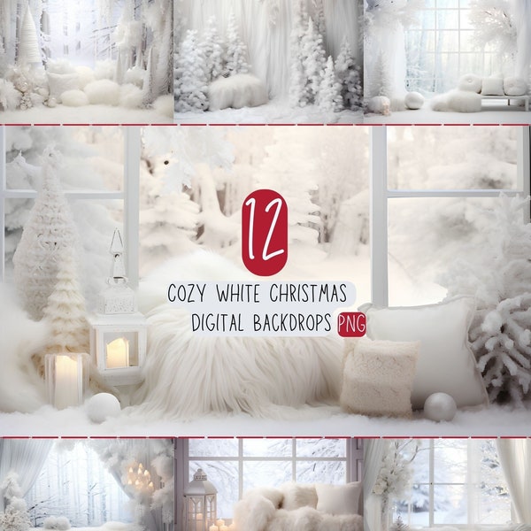 Cozy White Christmas Digital Backdrops, Studio Backdrops Holiday Winter, Photoshop Overlays, Family Kids Newborn Photography PNG Background