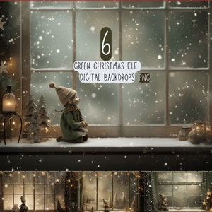 May include: A digital backdrop featuring a snowy window scene with a small elf figurine looking out. The window is framed in wood and has a frosted glass effect. The backdrop is ideal for creating festive Christmas photos.