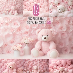 Pink Teddy Bear Digital Backdrop: Cake Smash Photography (PNG)