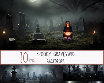 Spooky GraveYard Digital BackDrops, décors de photographie, toile de fond d'Halloween, fond personnalisé numérique au clair de lune pour l'édition de photographie