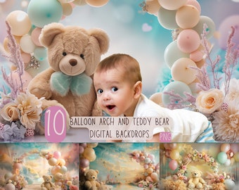 Balloon Arch and Teddy Bear Digital Backdrop Set, Pastel Birthday & Cake Smash Photoshop Photography Background, Children's Photo Prop PNG