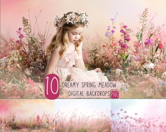 Dreamy Spring Meadow Digital Backdrop, Field of Wild Flowers Digital Background, Summer Grass Texture Overlay Photography for Kids Portraits