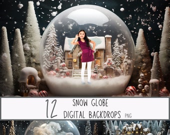 May include: 12 digital snow globe backdrops in PNG format. The backdrops feature a variety of winter scenes, including a snowy village, a forest, and a girl standing inside a snow globe.