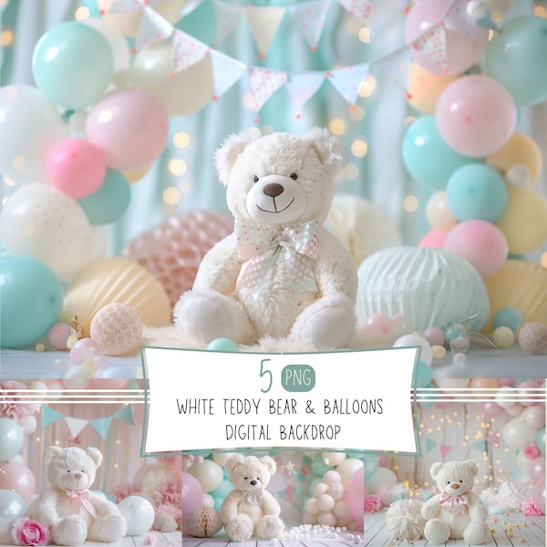 White Teddy Bear & Balloons Digital Backdrop for kids, Child Photography Studio Backdrops, Photoshop Overlays, Cake Smash Digital Background