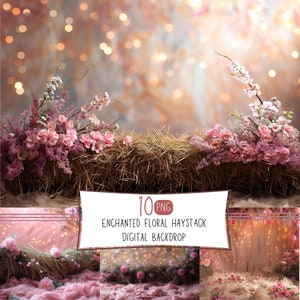 Peut inclure: Une toile de fond numérique représentant une botte de foin décorée de fleurs roses et de lumières féériques. La toile de fond est disponible en 10 fichiers PNG et est idéale pour créer des photos fantastiques.