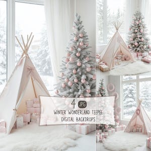 Puede incluir: Cuatro imágenes de fondo digital que muestran una tienda de campaña tipi blanca, un árbol de Navidad blanco decorado con adornos rosas y cajas de regalo rosas. Las imágenes de fondo son ideales para crear una escena de invierno de cuento de hadas.