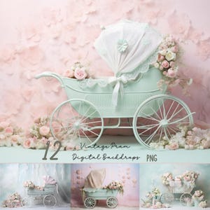 Vintage Pram Digital Backdrops, Maternity Backdrop Overlay, Newborn Background, Studio Backdrop Overlays Baby Antique Stroller Fine Art