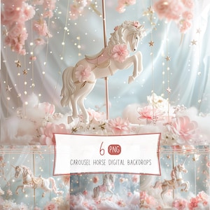 Może przedstawiać: Cyfrowe tło z koniem z karuzeli z białym jednorożcem, ozdobione różowymi kwiatami i różowym siodłem. Obraz ma miękką, marzycielską estetykę z pastelowymi kolorami, chmurami i wiszącymi gwiazdami. Tekst na obrazie brzmi "6 PNG Carousel Horse Digital Backdrops."
