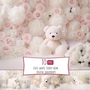 Cute White Teddy Bear Digital Backdrops for kids, Child Photography Studio Backdrops, Photoshop Overlays, Cake Smash Digital Background