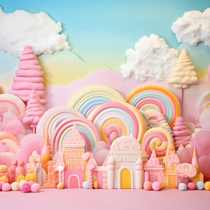 Könnte beinhalten: Ein fantasievoller Hintergrund zum Thema Süßigkeiten in Pastellrosa, Blau und Gelb. Er zeigt eine Miniaturstadt mit süßwareninspirierten Häusern, Lollipop-Bäumen und wirbelnden Regenbogen-Süßwaren-Dekorationen.
