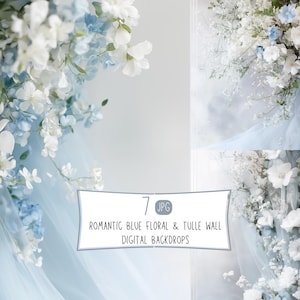 Romantiska blå blommor och tyll digitala bakgrunder: Fina blommor för gravidporträttöverlägg, studiofotografering digitala bakgrunder JPG