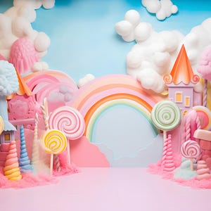 Candyland Haunt Digitale achtergronden, regenboogachtergronden, kinderverjaardagstaart-smashfotografie, achtergrond babyfotoshoot