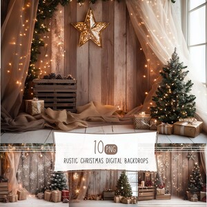 Könnte beinhalten: Ein Set mit 10 digitalen Hintergrundbildern für rustikales Weihnachten. Die Bilder zeigen einen Holzhintergrund mit einem Weihnachtsbaum, Geschenken und Lichtern. Das Set enthält eine Schneeszene mit Schneeflocken.