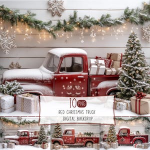 Red Christmas Truck Digital Backdrops,Festive Winter Pickup Truck Studio Backgrounds for Holiday Photography, Vintage Christmas PNG Overlays