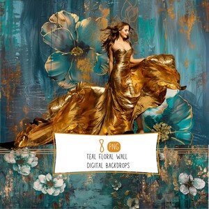 Teal Floral Wall Digital Backdrops, Flowers with Turquoise and gold Foil Fine Art Backgrounds, Photoshop Textures Overlays Studio Portrait