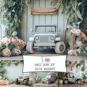 Jungle Safari Jeep Digital Backdrops: Tropical Adventure Backgrounds, Kids Photography Props with Greenery, Flowers, Pastel Safari, and Rope