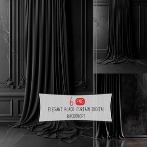 May include: Six black curtain digital backdrops. The backdrops are elegant and feature a black curtain draped over a black and white marble floor.
