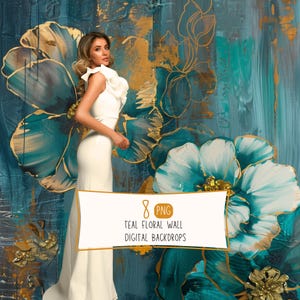 Teal Floral Wall Digital Backdrops, Gold Foil Flowers Photography Background, Turquoise Fine Art Overlay, Studio Portrait Photoshop Textures
