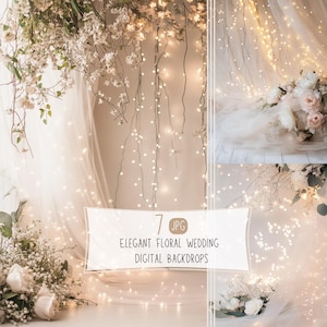 Elegant Floral Wedding Digital Backdrops, White Flowers and Fairy Lights Studio Scene for Romantic Photography,Soft Floral Bridal Background