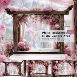 Puede incluir: Un telón de fondo digital con un arco de madera rústico adornado con flores rosas y drapeado con tela transparente. La imagen incluye el texto "Digital Backdrops Rustic Wooden Arch" y es adecuado para sesiones de fotos de bebés, bodas y maternidad.