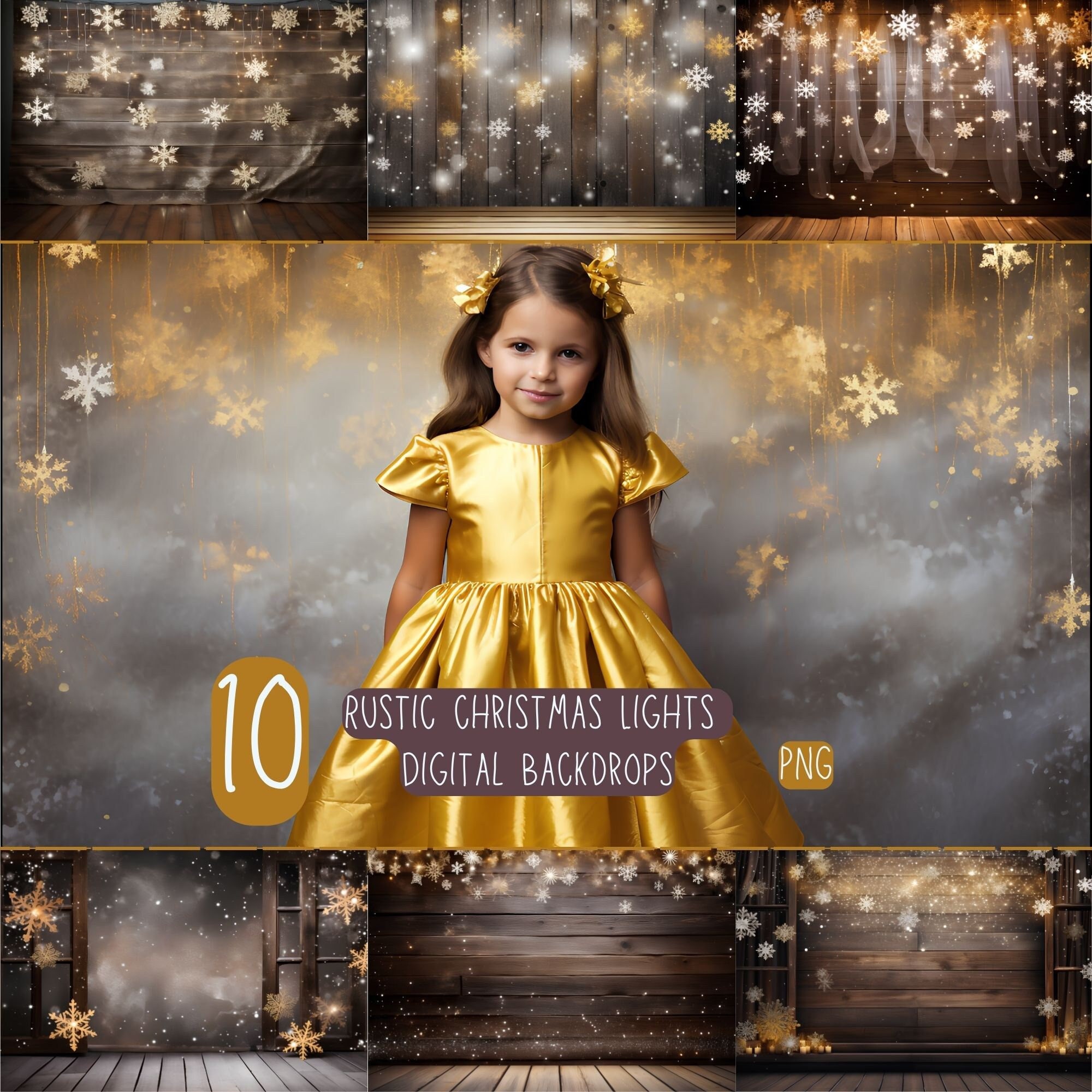 Rustic Christmas Lights Digital Backdrops, Winter Digital Background