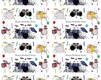 Personalised Drum Kits Birthday Gift Wrapping Paper Choose Background Large Sheet 32" x 24" (81cm x 61cm) With 2 Matching Gift Tags ADD NAME