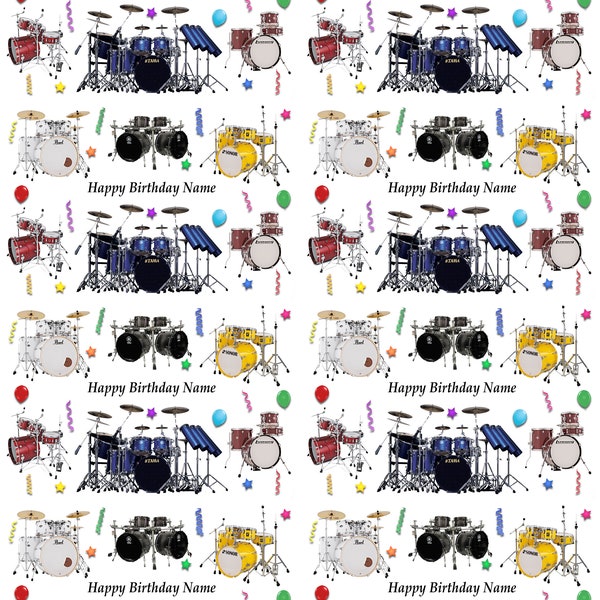 Personalised Drum Kits Birthday Gift Wrapping Paper Choose Background Large Sheet 32" x 24" (81cm x 61cm) With 2 Matching Gift Tags ADD NAME