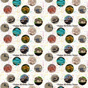 May include: Gift wrap with a repeating pattern of reptile and amphibian images in circles. The design includes snakes, lizards, and other creatures, with the text "Happy Birthday Name" and colorful confetti scattered across the surface.
