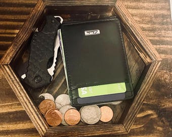 Handmade Hexagonal Coin/Key Tray – Reclaimed Wood, Dark Stain, Non-Toxic Finish