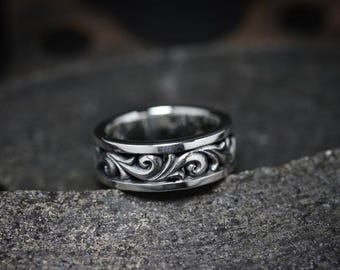 刻印入り925スターリングシルバーリング：渦巻き模様の結婚指輪 - Etsy